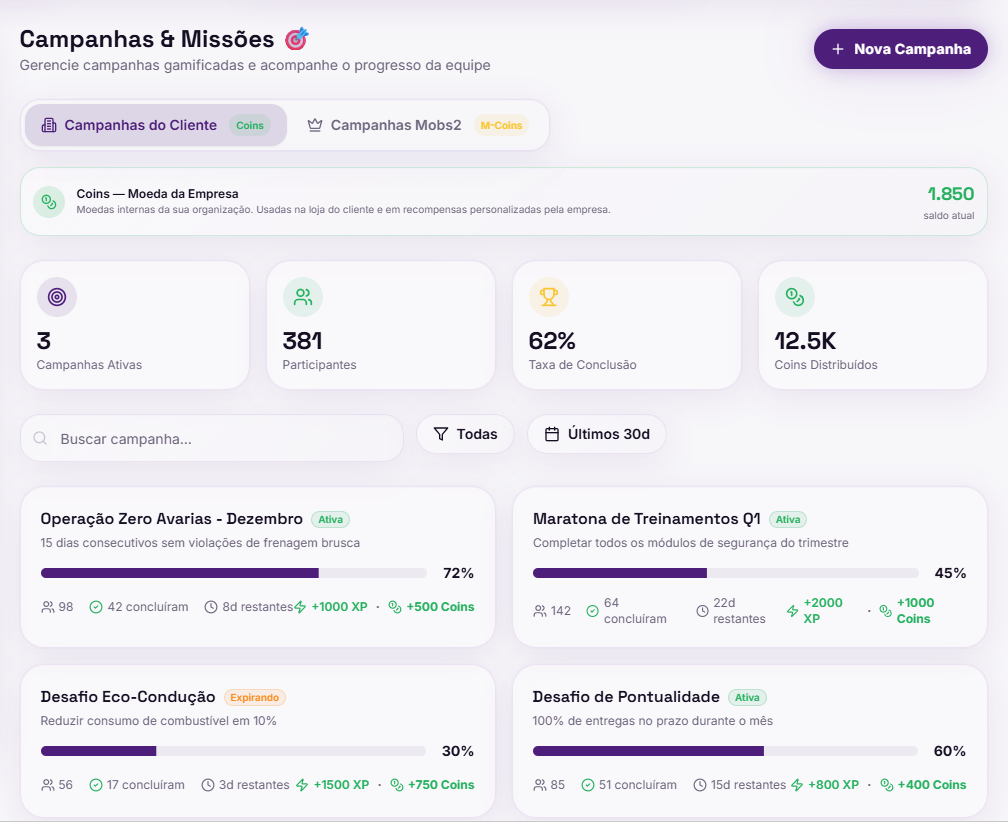 Tela de Campanhas e Missões gamificadas com progresso, XP e moedas internas